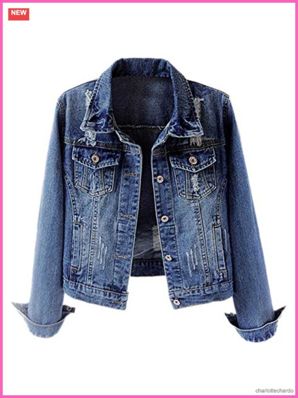 Distressed Ripped Denim Jacket Women Long Sleeve Trucker Jean Coat